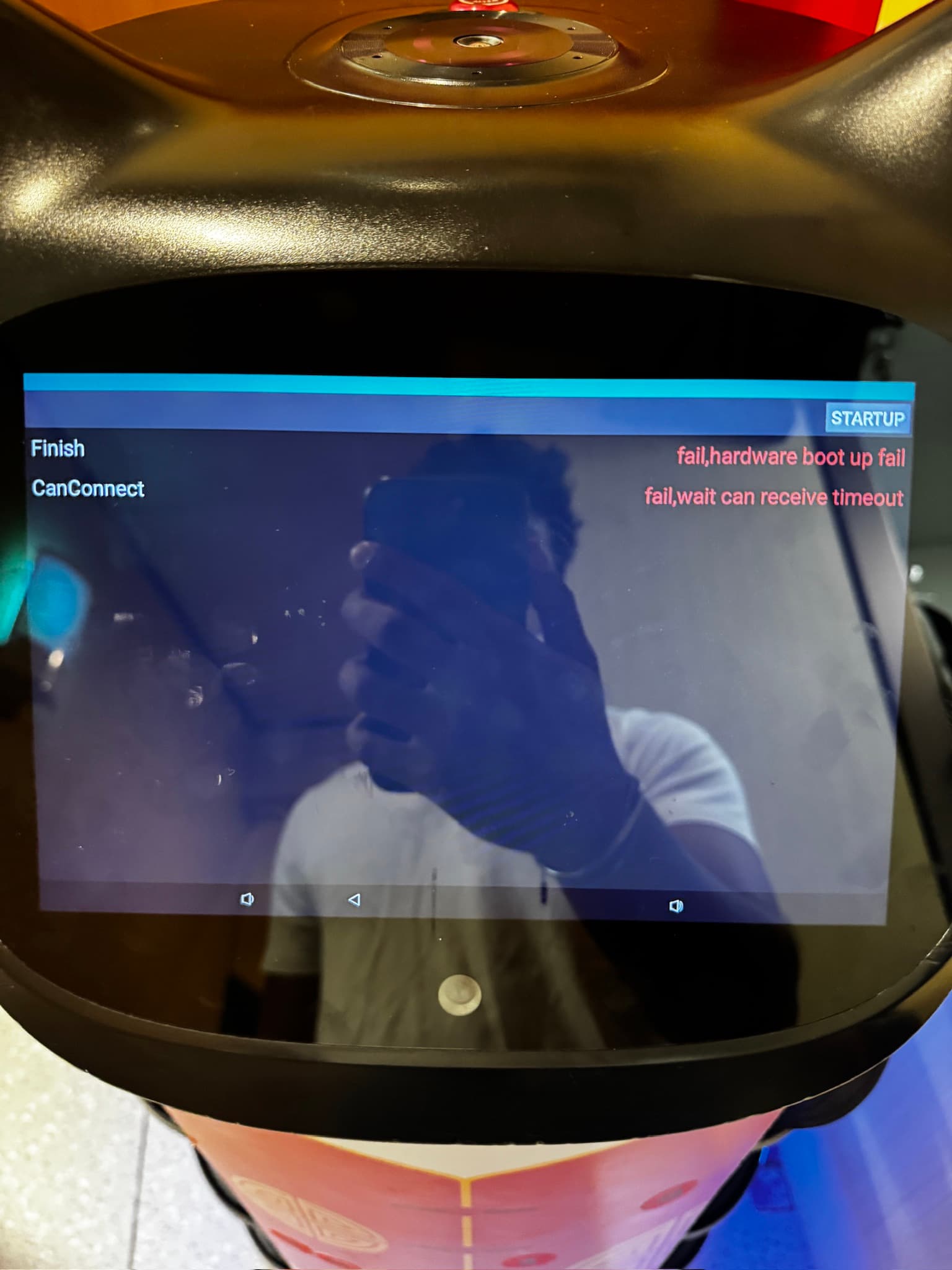 BellaBot startup screen showing a hardware boot-up fault