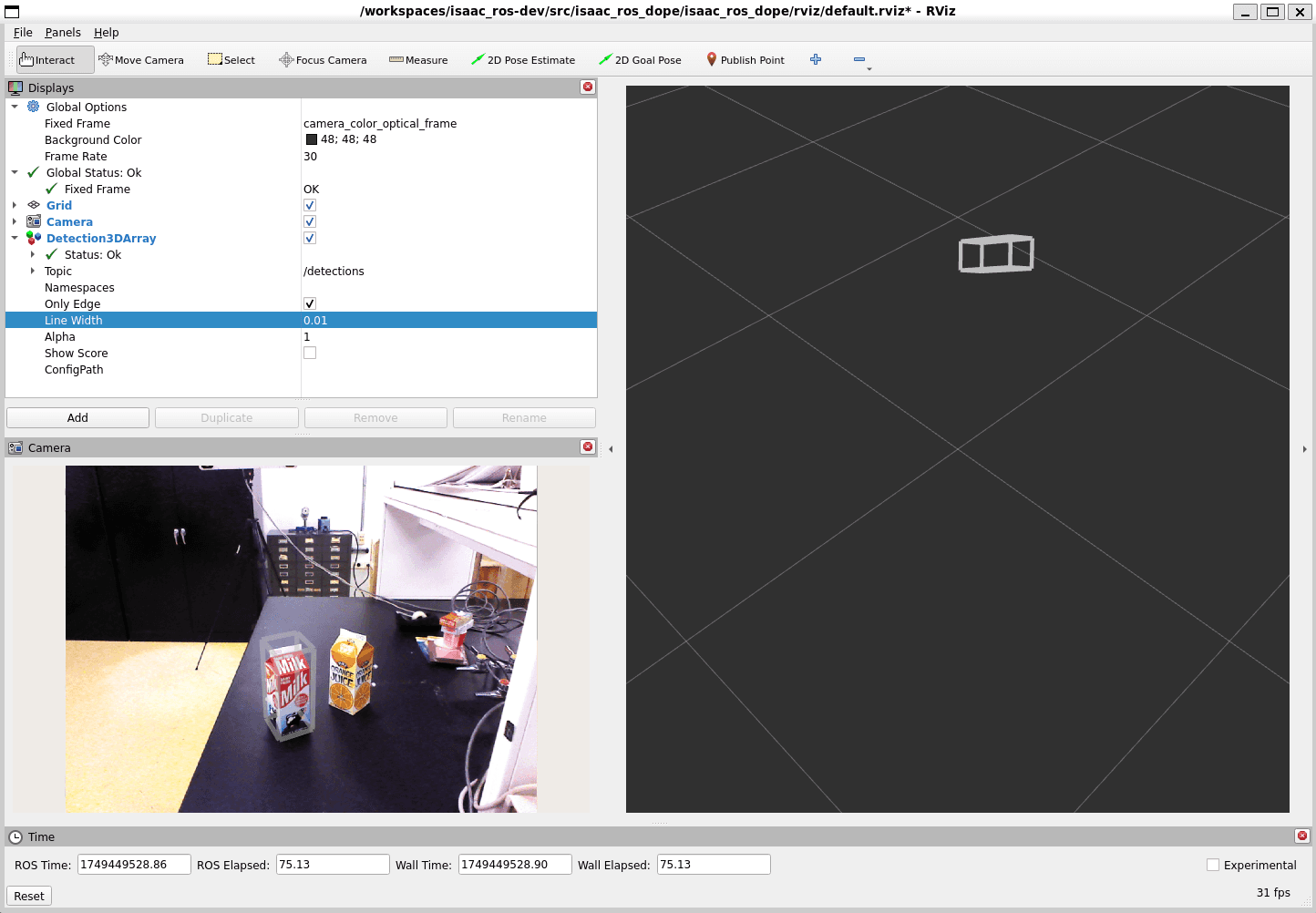 DOPE 6-DoF pose estimation visualized in RViz2